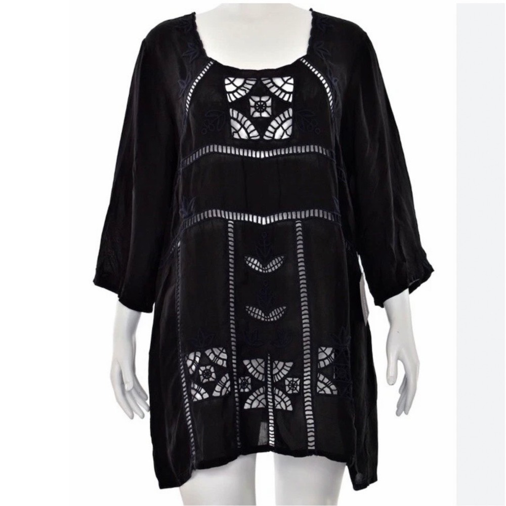 Johnny‎ Was Black Sheer Tunic Cut Out Embroidered Top Boho Beach Summer Rayon S